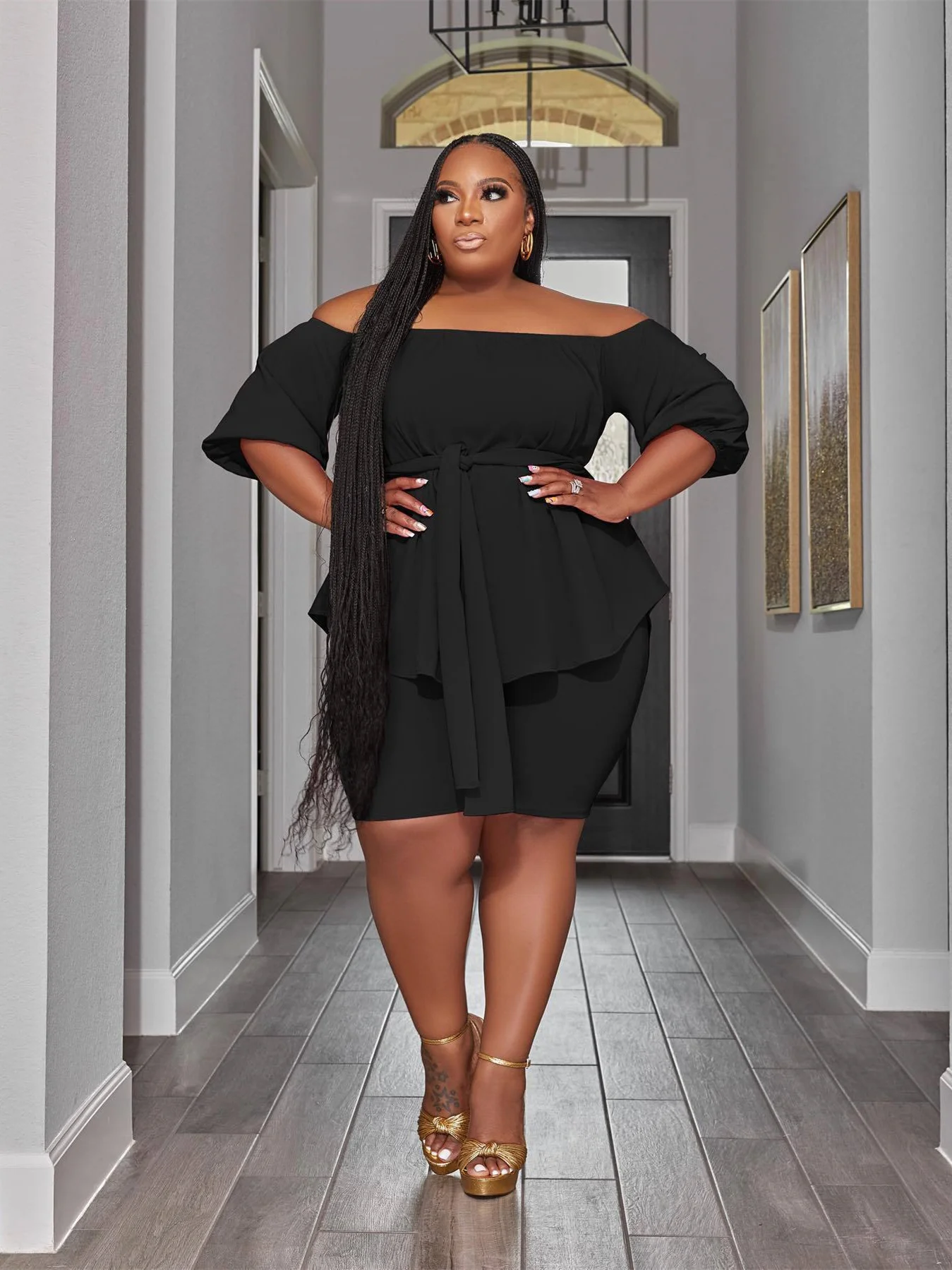 Plus Size Two Piece Outfits Women New in Matching Shorts Sets Loose Top with Bandage Summer Wholesale 3xl 4xl 5xl 6xl