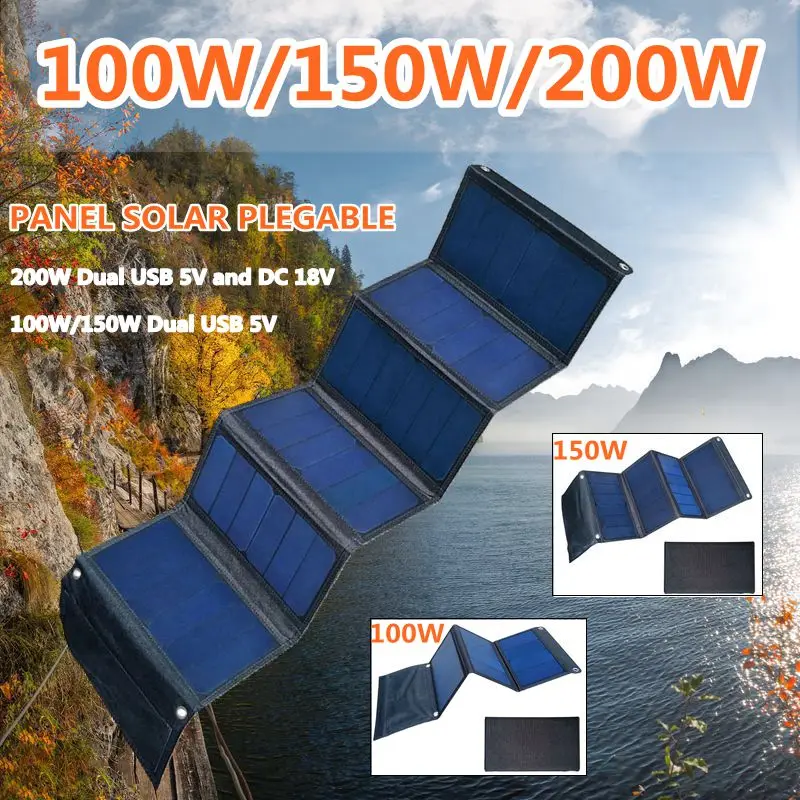 

200W/150W/100W Foldable Solar Panel Dual USB 5V Solar Charger Solar Cell Portable Outdoor Mobile Power Bank for Camping Hiking