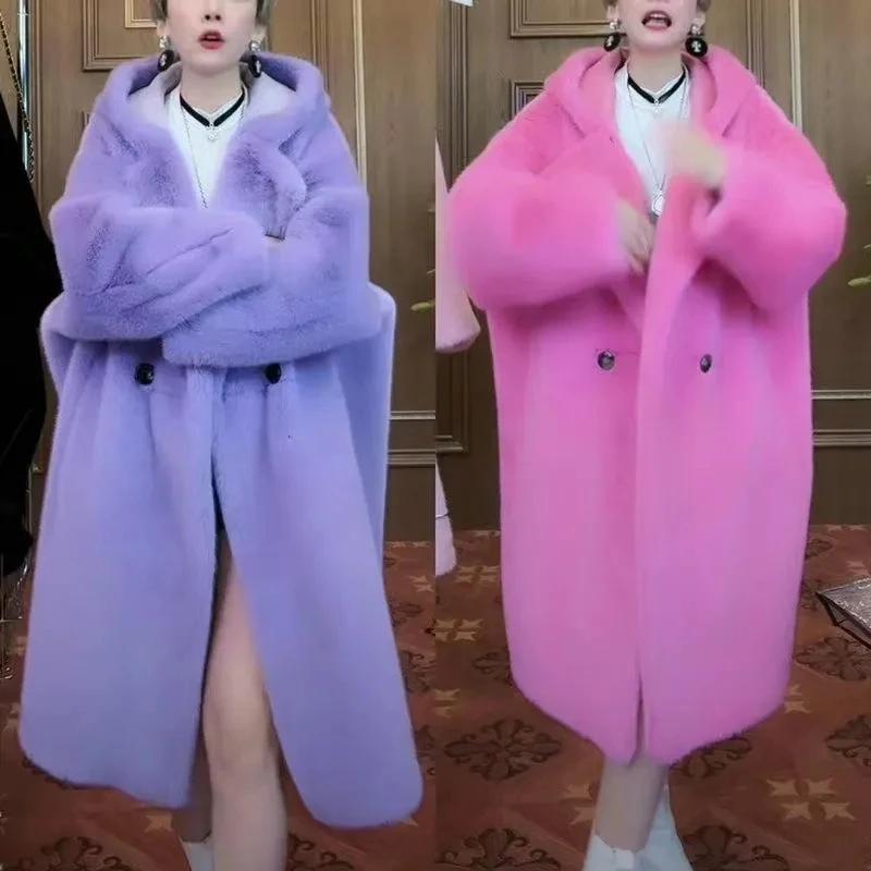 Зимнее длинное толстое теплое пушистое пальто из искусственного меха женское