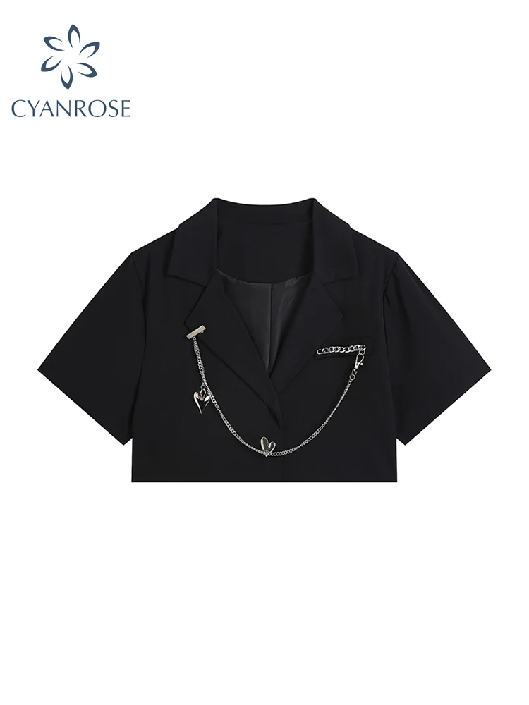 

Women Vintage Blazer Loose Fashion Ins Street Female BF Style Gothic Y2K Suit Jacket Short Sleeve Lapel Single Breasted Outwear