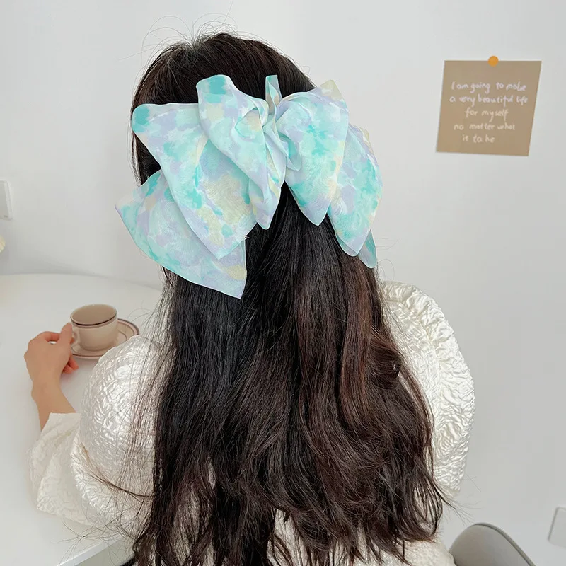 

Big Bow Hair Pin Spring Clip Female Three-Layer Mesh Floral Print Hair Clip Back Head Ponytail Head Clip Girl's Hair Accessories