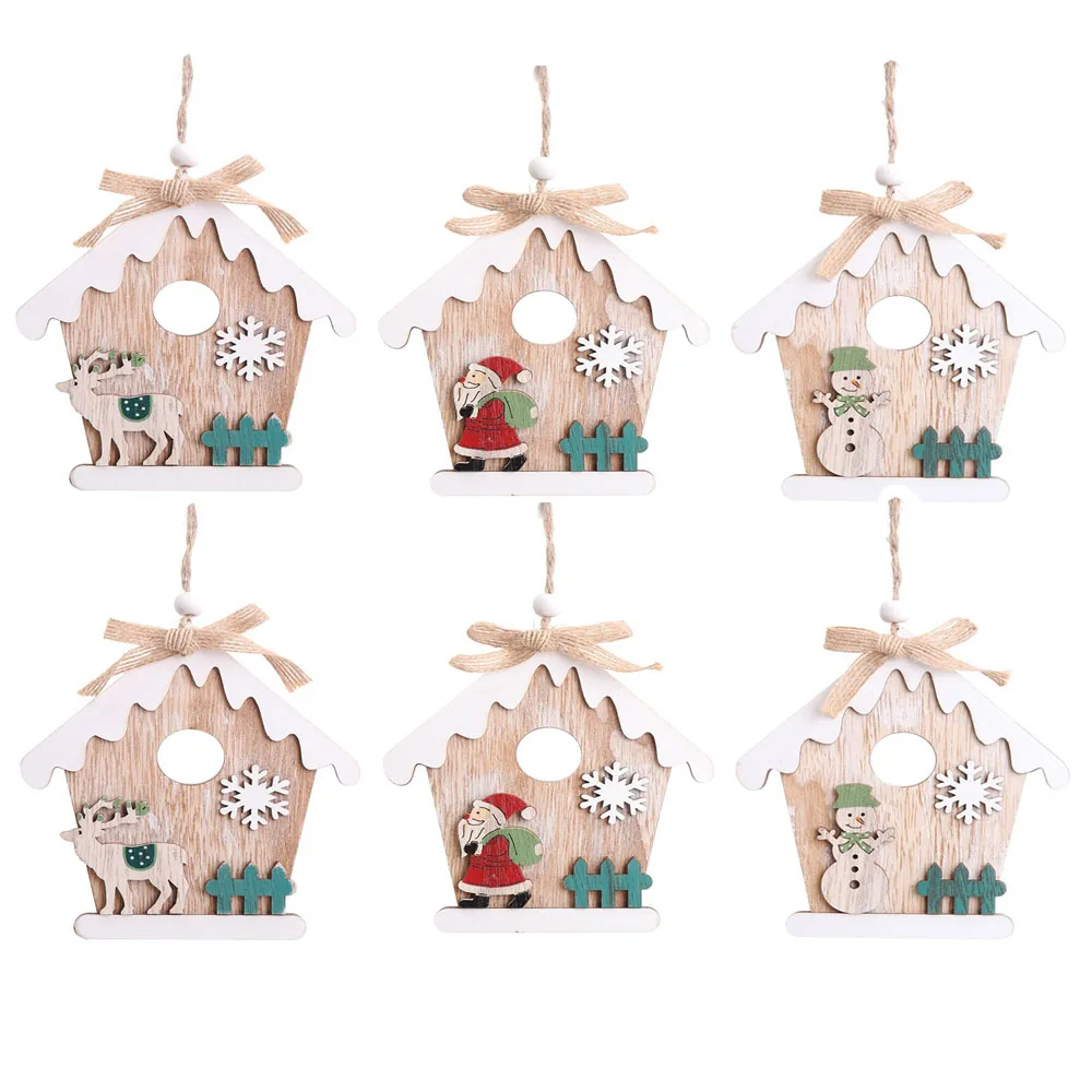 

Christmas Wooden House Shaped Pendant Ornaments Santa Claus Snowman Elk Xmas Tree Hanging Tags for Christmas Party Supplies