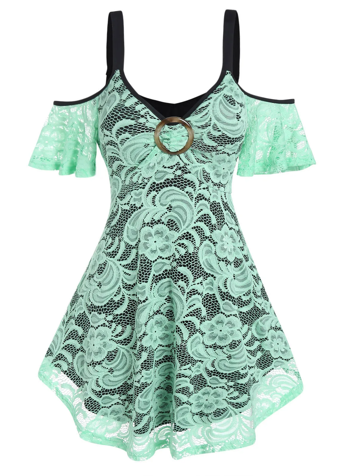 

Cold Shoulder Floral Lace Overlay O Ring Ringer Casual T Shirt Summer Open Shoulder tops Ringer Colorblock T-Shirts Girl Women