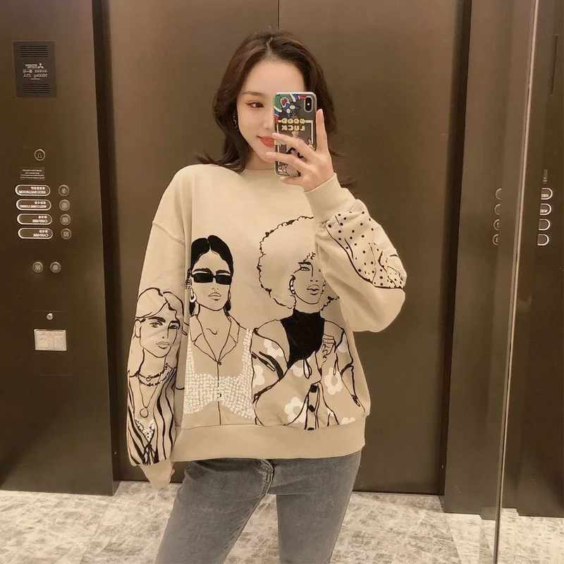 

2021 Women Indie Korean Oversize O Neck Loose Pullovers Fall Winter Female Tops Y2k Charater Print Gray Long Sleeve Sweatshirts