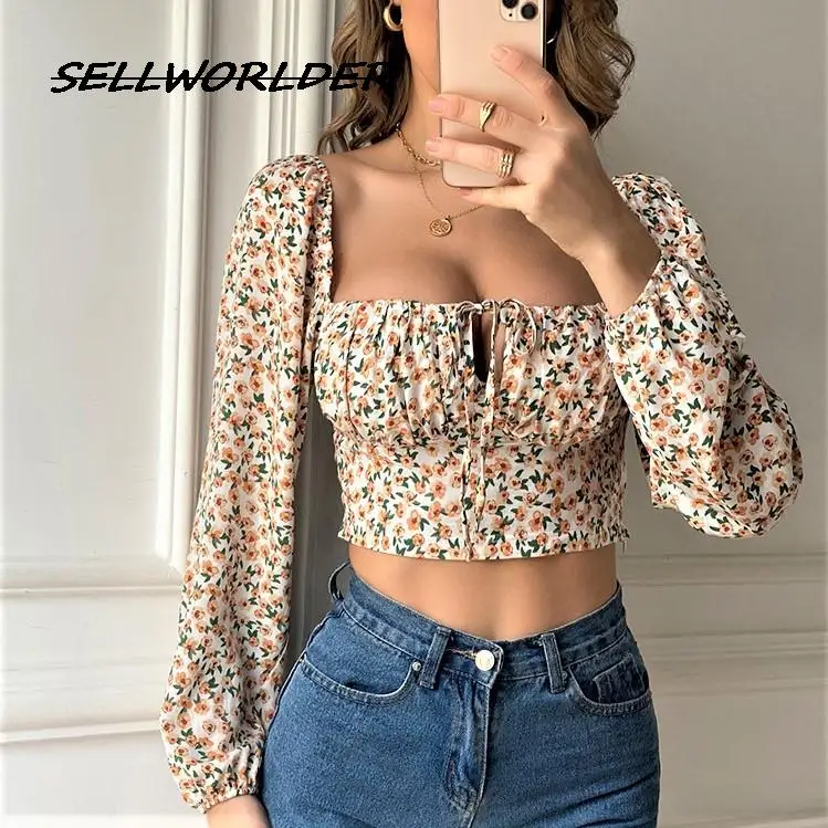 

New Women's Floral shirt Women's Retro Square Neck Long Sleeves shirt