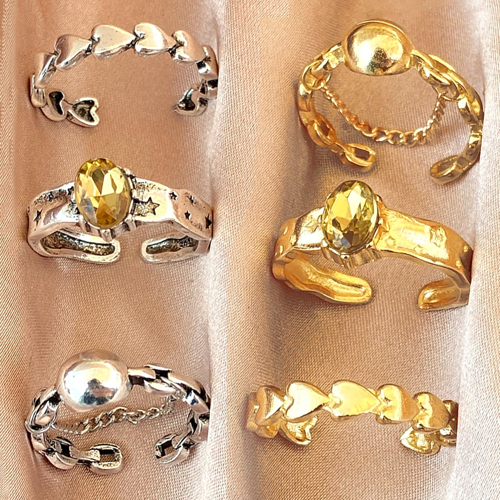 

5pcs Zircon Silver Color Geometric Rings for Women Korea Punk Goth Love Heart Ring Set Personality Temperament Fashion Jewelry