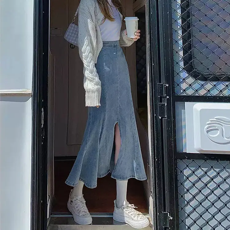 

Summer Package Hip Fishtail Skirt Women's High Waist Elastic Slim Mid-Length Denim Skirt Korean Fashion Mermaid Skirt y2k Skirts