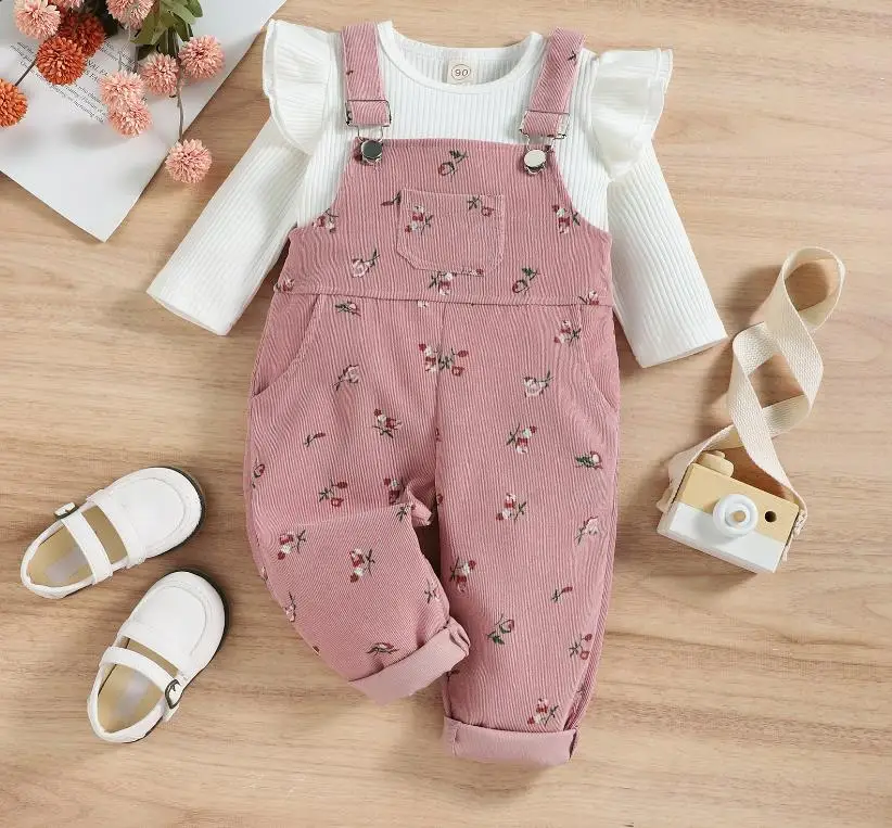 

Christmas Boutique outfits Spring Autumn baby kids clothes Ribbed Long Sleeve shirts+Suspender pants toddler girl tracksuits