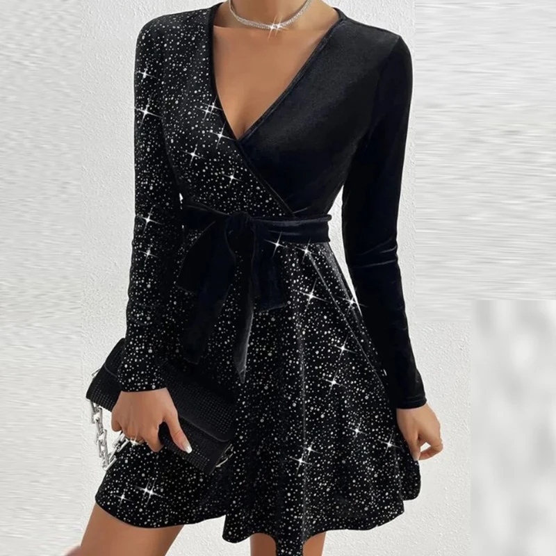 

Neck Belted Velvet Dress 2022 Women Long Sleeve Vintage Elegant Party Dress Sexy Black Bodycon Dress With