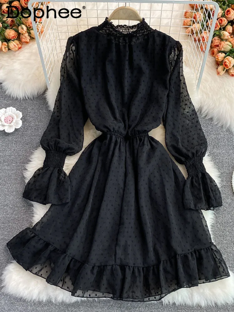 

Flare Sleeve Stand Collar Ruffle Chiffon Dress With Thin Waist And Small Fairy Dresses For Women 2022 Autumn Tide