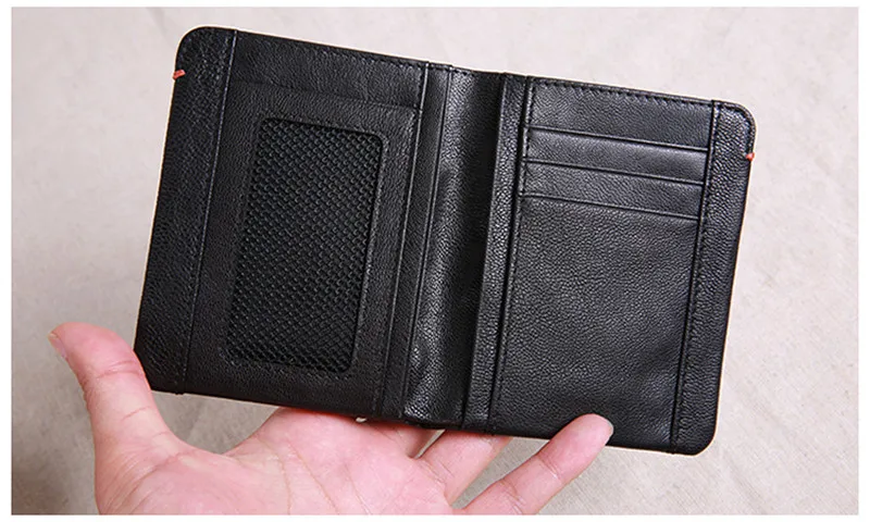 Casual simple genuine leather men's black small wallet natural first layer cowhide teens short minimalist card holder purse