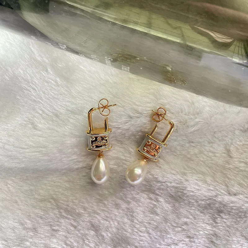 

White shell lock pearl dangling earrings for women saturn dangling f earrings luxury designer famous brand earrings