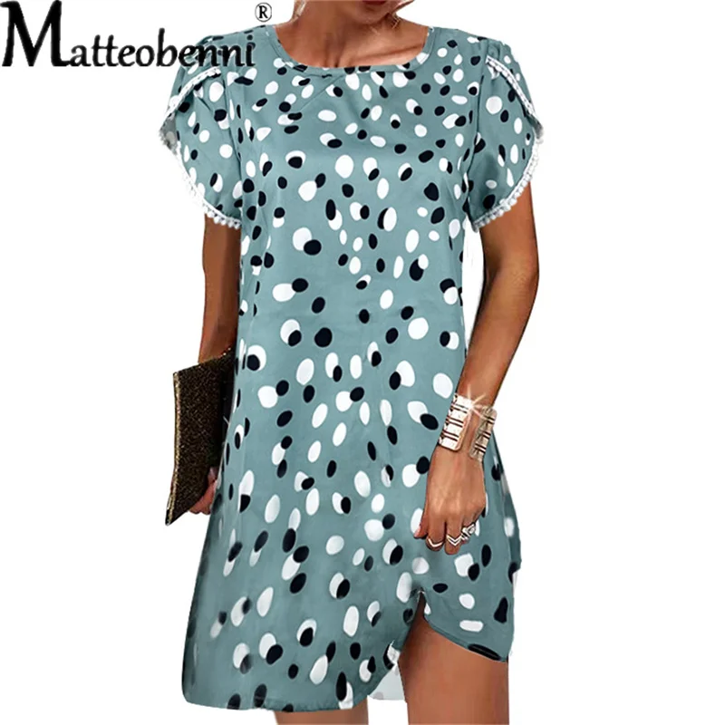 2022 Summer New Womens Round Neck Short Sleeves Loose Lace Edge Floral Evening Dress Ladies Boho Dot Print Casual Dress Vestidos