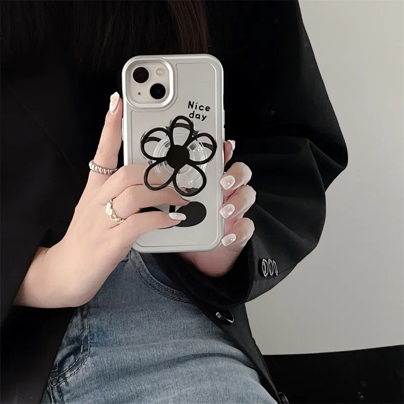 

Fashion Simplicity Silver Background Black Flower Mobile Phone Case For IPhone11 12 13 14 Pro Max Plus With Holder