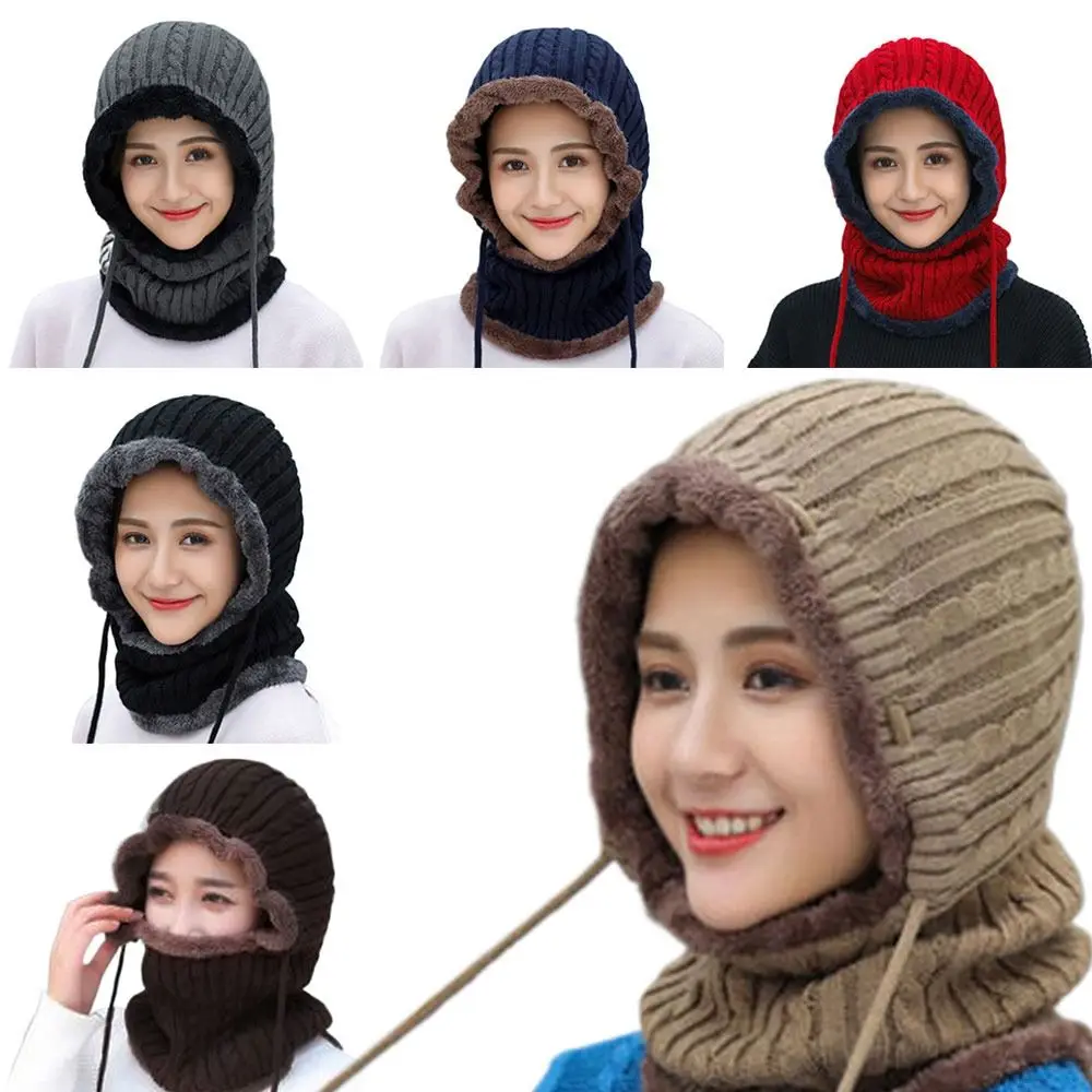 

Women Thick Fleece Lining Outdoor Sports Ear Protection Hooded Neck Warmer Knitted Beanies Cap Hat Scarf