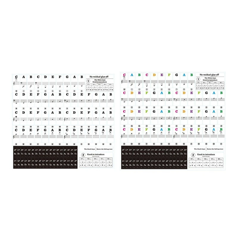 

2Pcs 88/61/54/49 Keyboard Sticker Transparent Sticker Keyboard Keyboard Hand Roll Piano Key Sticker-Black & Color
