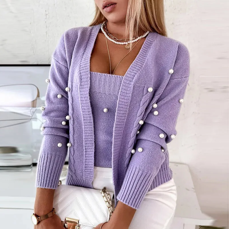 

Women Cardigan Fashion Two Piece Set Outfits Autumn Pearl Decorate Sweaters Coats 2022 Solid Knitted Sling Tank Top With Sweater