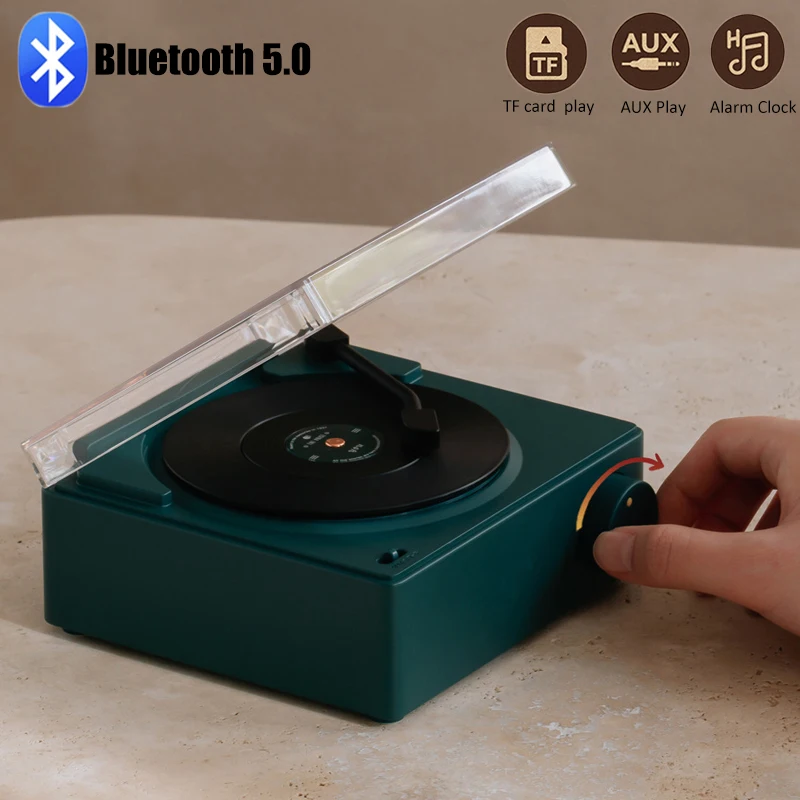 

Retro Wireless Speaker Bluetooth 5.0 Stereo Music Player Desktop Alarm Clock Vintage Vinyl Record Shape Support TF Card/AUX Play