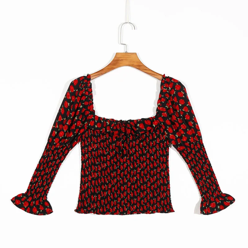 

Summer Women's Casual Flower Print Square Neck Ruffle Trim Slim Shirt