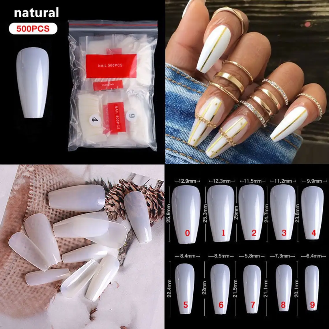 

500pcs Fake Nails Tips Artificial Coffin Full Cover Nail Forms Extension False Nails French Nail Art Acrylic Gel UV Professiona