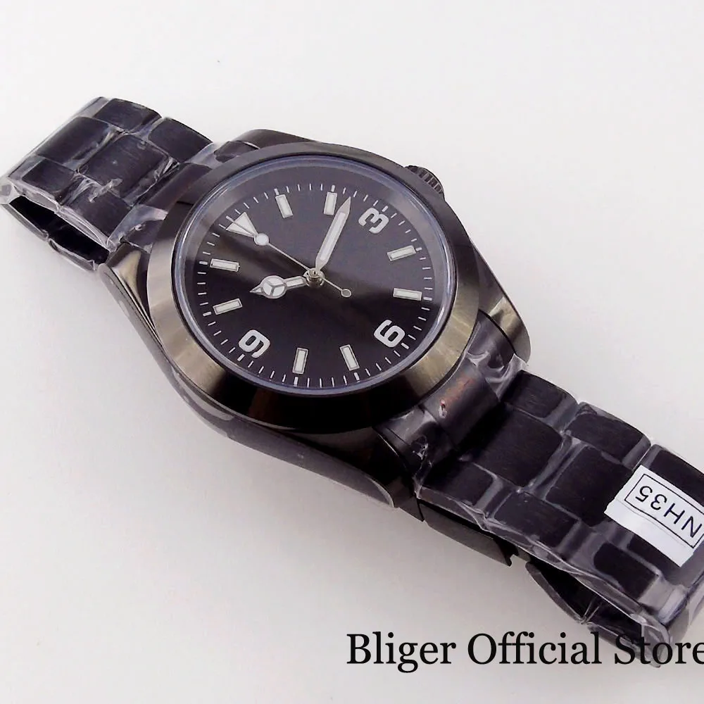 BLIGER 36mm 39mm Black PVD Case Men Watch NH35A MIYOTA 8215 PT5000 Movement Flat Sapphire Crystal Green Luminous Hand - купить по