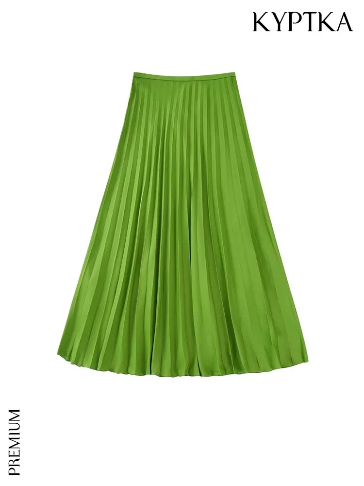 

KYPTKA Women Fashion Pleated Green Midi Dress Vintage High Waist Side Zipper Female Skirts Mujer