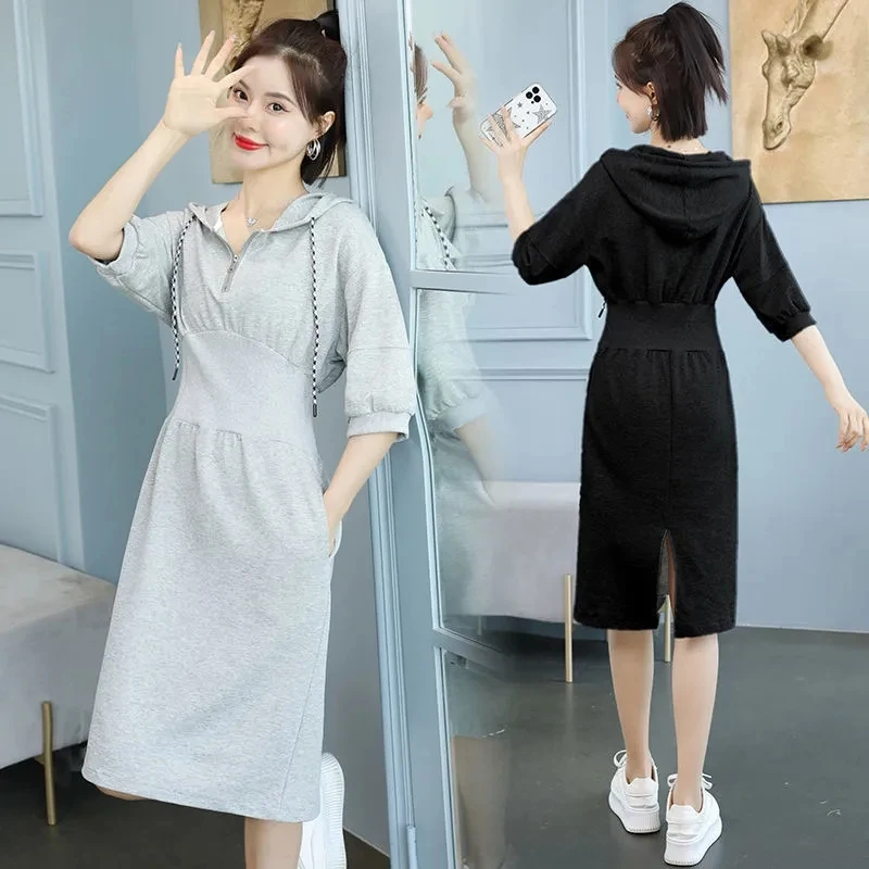 Korean Hooded Slim Hip Mid-calf Dress Women Half Sleeve Grey Yellow Black Casual Dresses Autumn Winter Basic Sport Sweat Dress images - 6