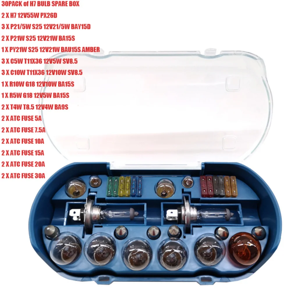 

30Pcs Auto Halogen Emergency Kit H7 Light Halogen Bulb Fuse Car Kit Spares Replacement Kit Set Halogen Headlights Car Parts