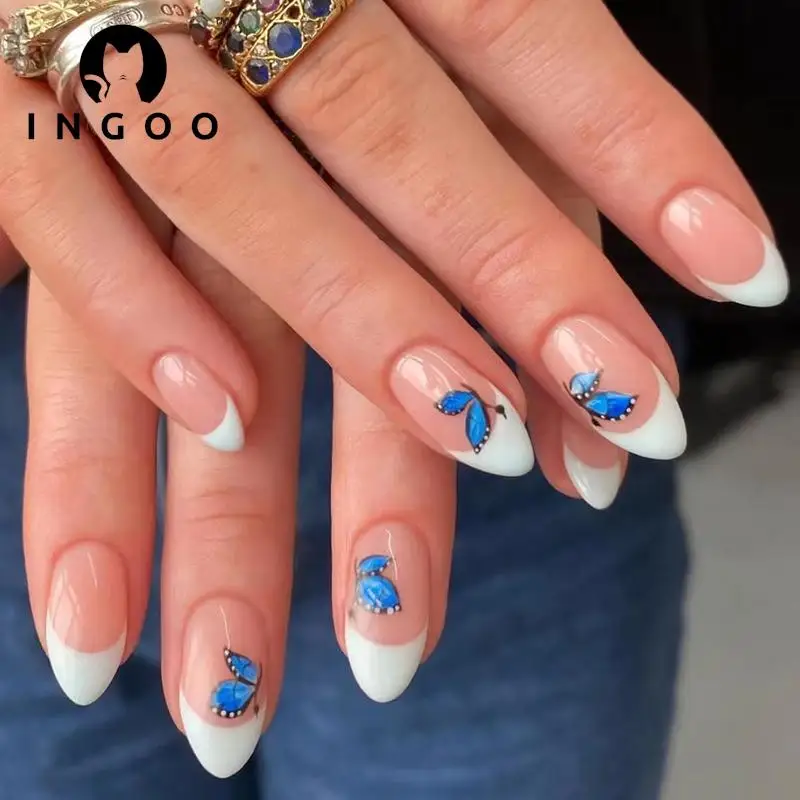 

24Pcs Reusable Fake French Nails Blue Butterfly Press On Nails Almond Medium False Nail Fullcover Tips Artificial Nail With Glue