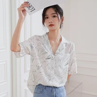 summer 2022 new shirts short sleeve white color women korean fashion clothes v neck chiffon office lady blouses button up tops