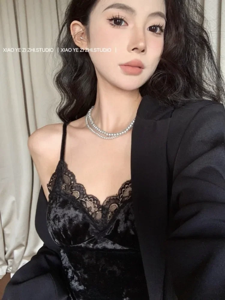 Сексуальные кружевные топы Korobov Y2k бархатный жилет на бретелях модная женская