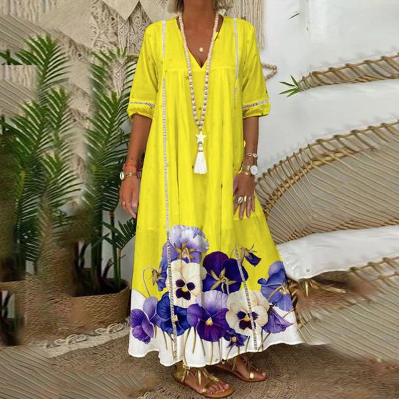 

Модные женские плиссированные свободные платья-трапеции с V-образным вырезом, летнее повседневное свободное платье-пуловер, женское длинно...