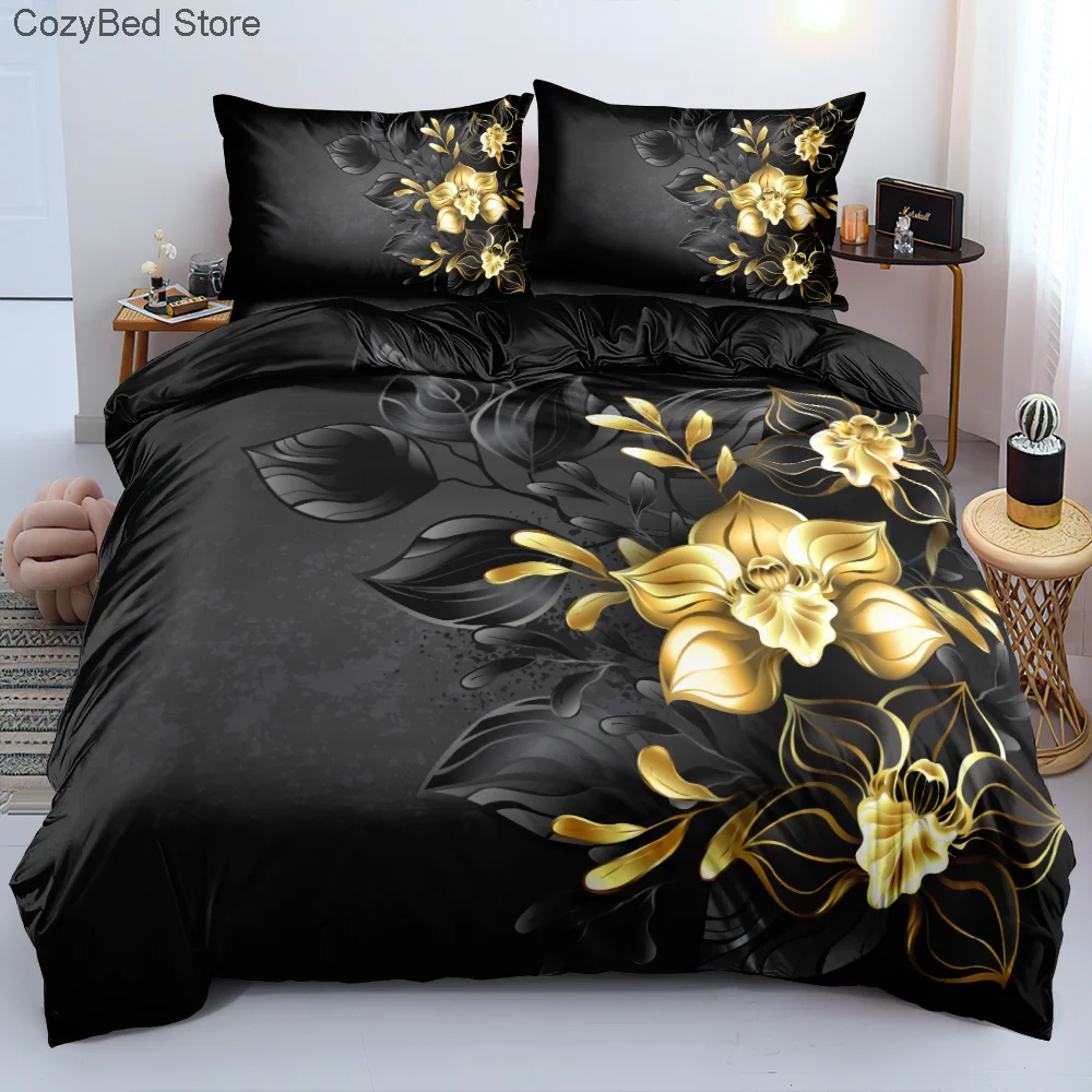 3D Design Flowers Duvet Cover Sets Bed Linens Bedding Set Quilt/Comforter Covers Pillowcases 220x240 Size Black Home Texitle