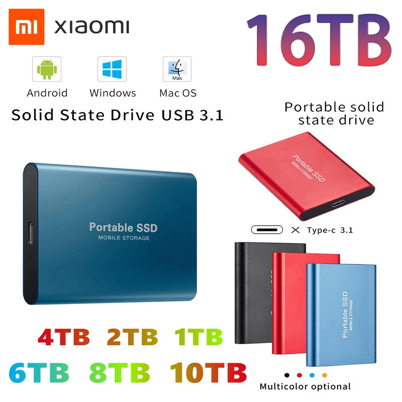 

100% Original Xiaomi SSD Portable Flash Memory 16TB SSD Hard Drive USB 3.1 Type-C External SSD Hard Drive for Laptop Desktop