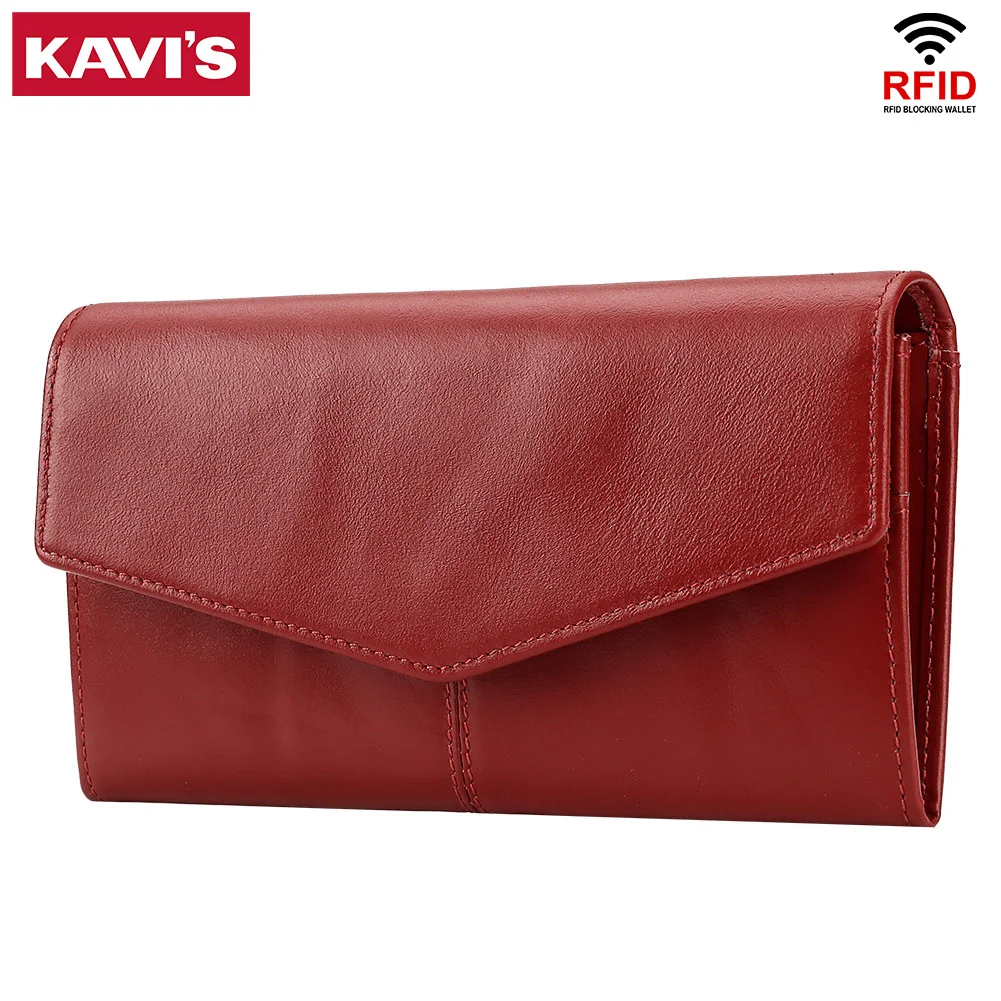 

KAVIS Wallet for Women RFID Genuine Leather Card Holder Purse Luxury Design Organizer Clutch Phone Checkbook Pocket Top Quality