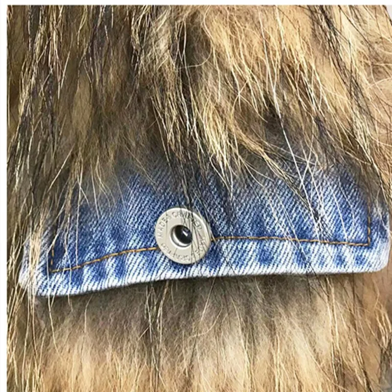 Fashion Ladies Real Fur Jacket Single Breasted Denim Patchwork Natural Raccoon Fur Coat Women