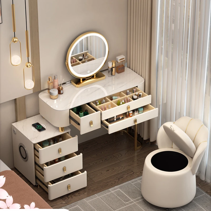 

Solid Wood Smart Dressing Table Wireless Charging Light Luxury Nordic Bedroom Makeup Table Modern Simple Multi-functional Girls