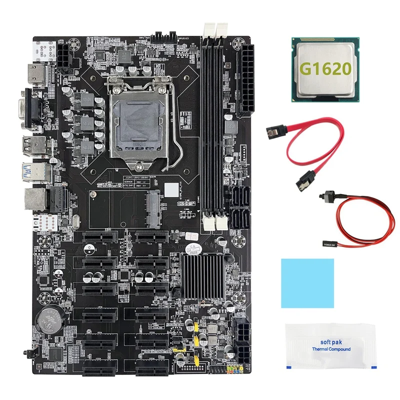 B75 12 PCIE BTC Mining Motherboard+G1620 CPU+SATA Cable+Switch Cable+Thermal Grease+Thermal Pad ETH Miner Motherboard