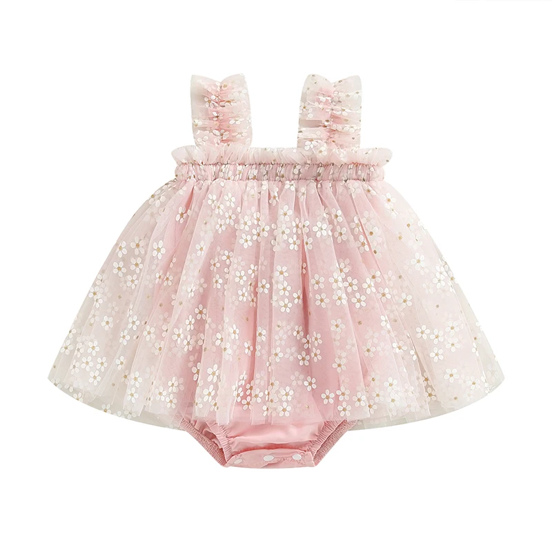 

Baby Girl Summer Romper, Cute Sleeveless Square Neck Floral Print Bodysuit Newborn Tulle Dress
