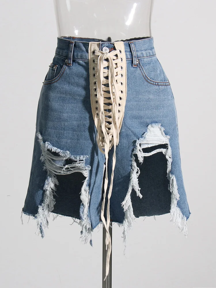 

M GIRLS Patchwork Ribbons Denim Shorts For Women High Waist Hollow Out Casual Streetwear Short Trousers Female Fashion 2022