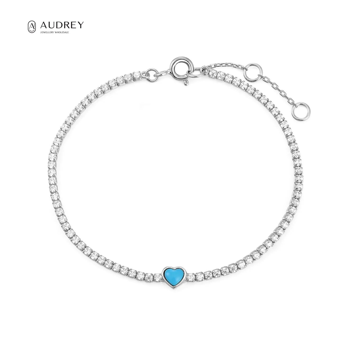 

Audrey Heart-shaped Turquoise Chain Bracelet Rhodium Plating 925 Sterling Silver Tennis Bracelets For Women Cubic Zirconia