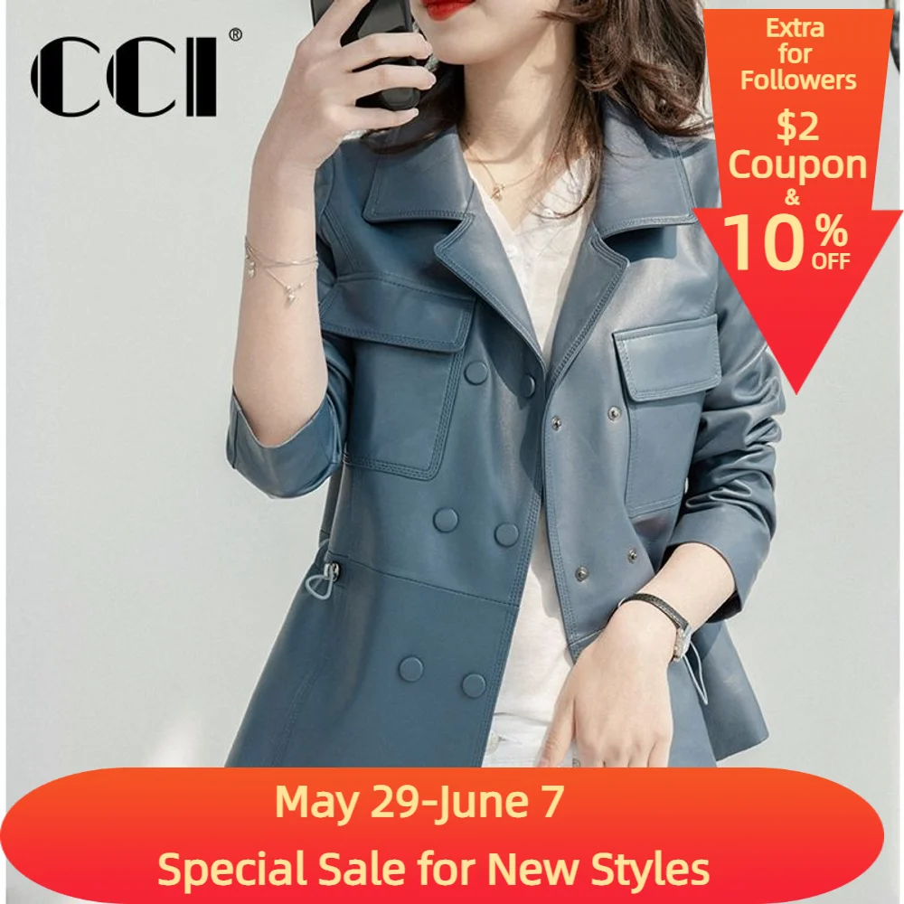 

CCI Women Jacket Winter Button Double Breasted Pockets Regular Polyester Office Lady Genuine Leather Jackets YJ036C Factory