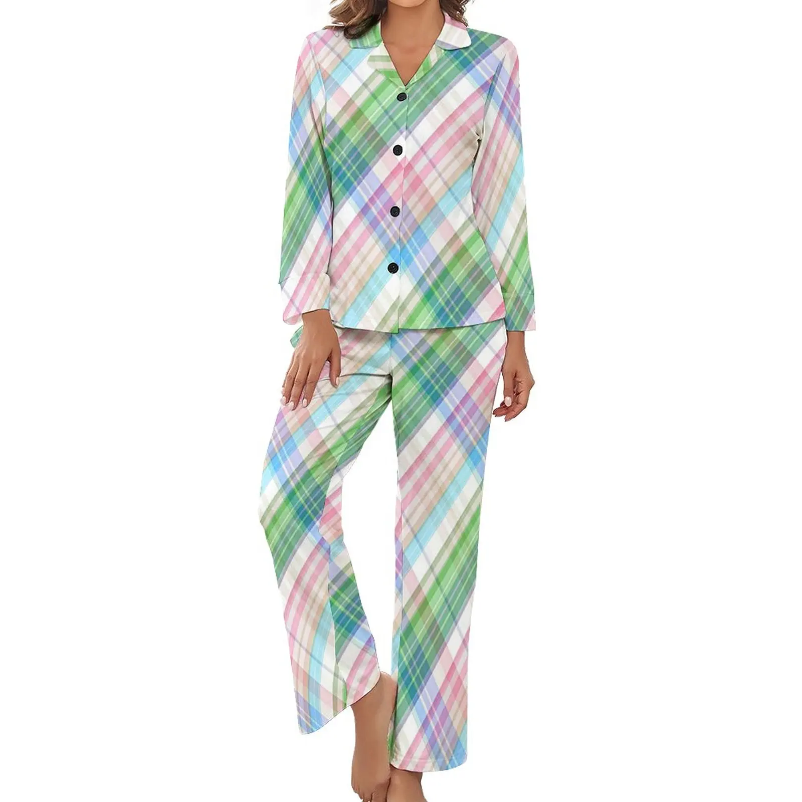 

Colorful Line Pajamas 2 Piece Pink Green Plaid Pattern Cute Pajama Sets Women Long Sleeves V Neck Aesthetic Print Nightwear