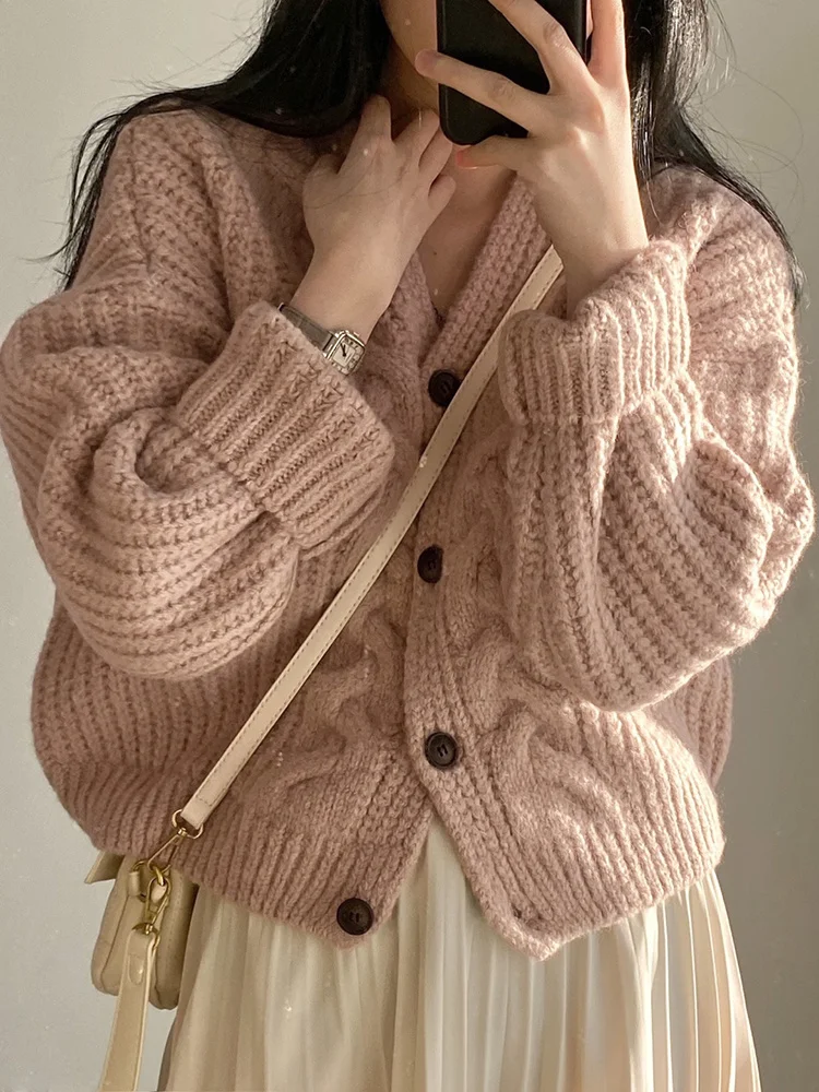 

2023 High Quality Vintage Solid Cardigan Crop Women V-neck Single Breasted Casual Loose Thick Sweater Knitwear Elegant Winter Cl