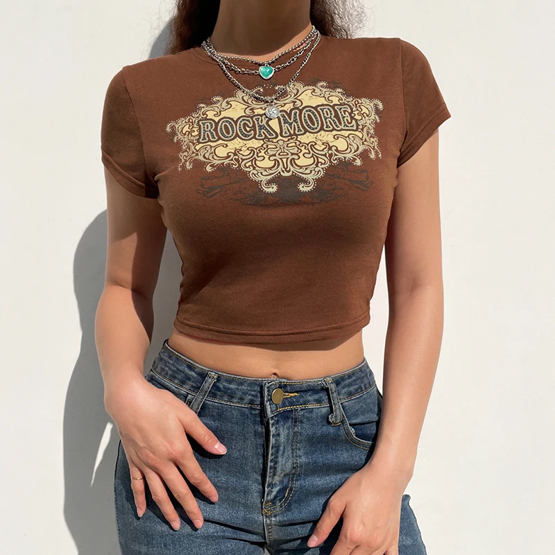 

Sunny y.j. Vintage Graphic Cute Harajuku Y2K T Shirt Short Sleeve Sweet Retro Crp Top Pullover Fariycore Tee Shirt Brown Casual
