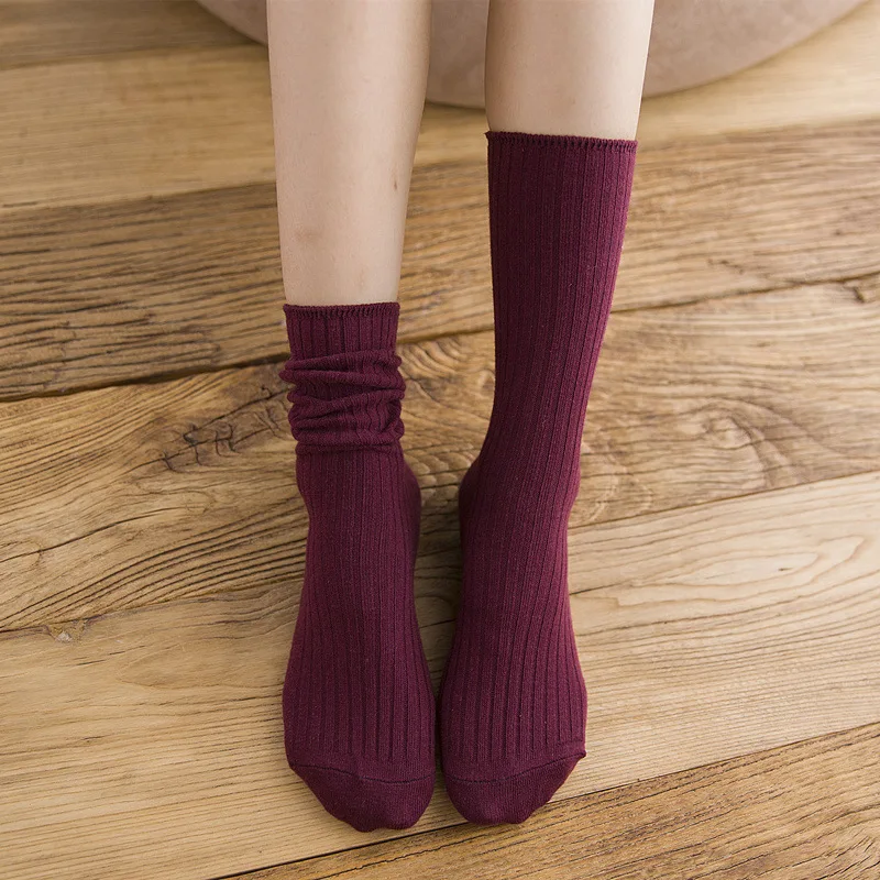 1Pair Cotton Loose Women Socks Knitting Solid Color Black Pink Student Girls Stockings Elegant Retro Long Women Socks Breathable