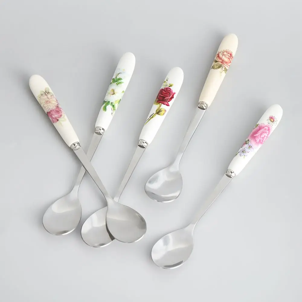 

Household Ice Cream Ceramics Rose Flowers Coffee Spoon Kitchen & Dining TeaSpoon Dessert Scoop