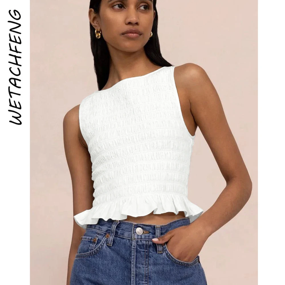 

Women T Shirts Ruffles Folds O Neck Sleeveless White Tank Tops Summer 2023 Streetwear Y2K Harajuku Elegant Tees Tops Clothes