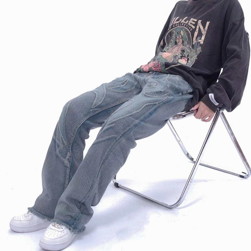 American Street Hip-Hop Jeans Niche Stitching Patch Made Old Jeans Mens Trend Raw Edge Design Casual Trousers Straight Leg Pants