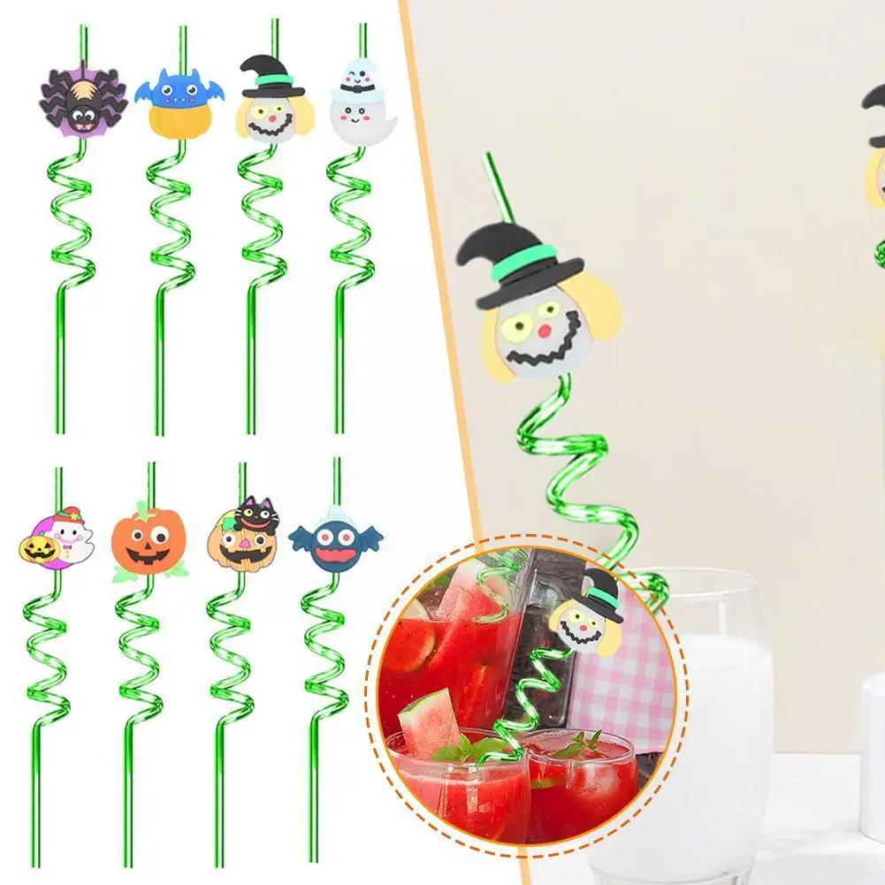 

8pcs Halloween Theme Kids Straw Halloween Funny Bat Straws Pumpkin Party Halloween Plastic Colors Mixed Drink Decoration U7L8